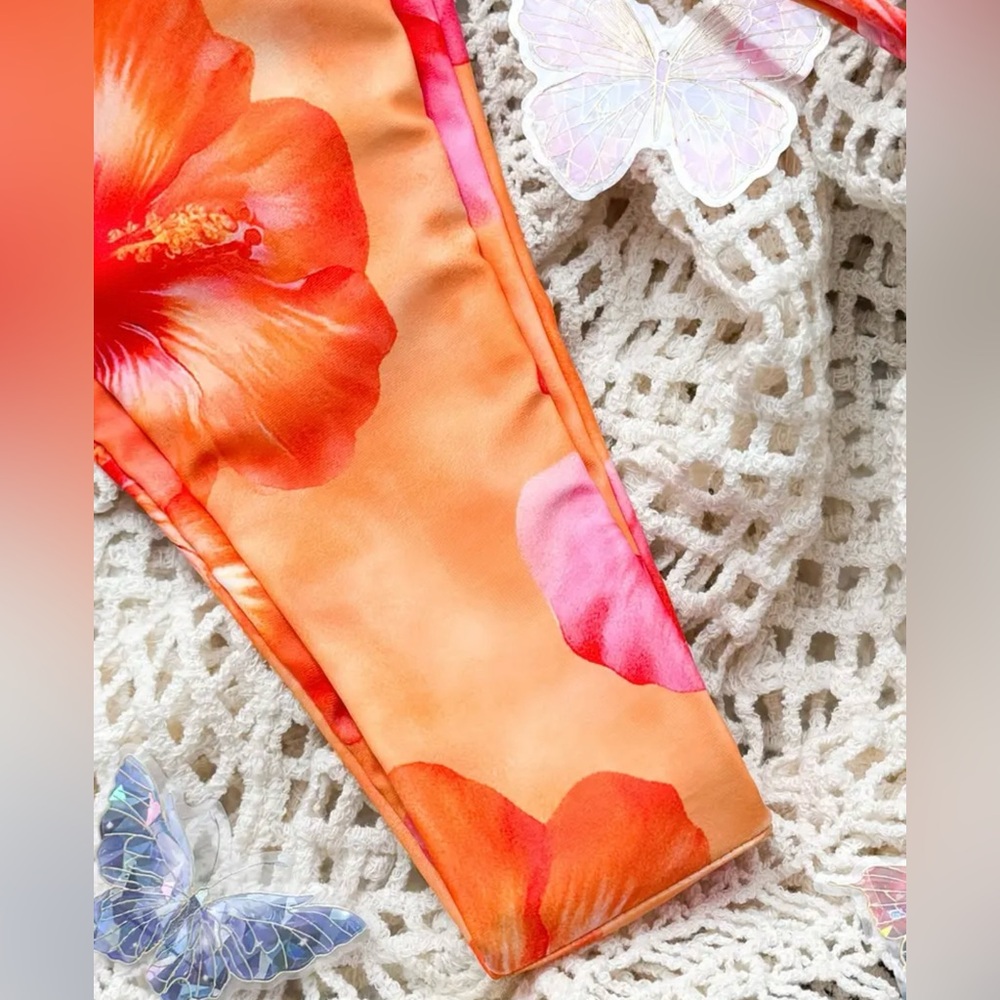 Orange Pink Floral Halter Side Tie Bikini Set - Picture 5 of 7